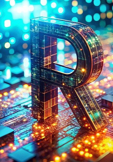 Surreal R Programming Code: Dark Background, Glowing Code Editor, and Stylized Letter R